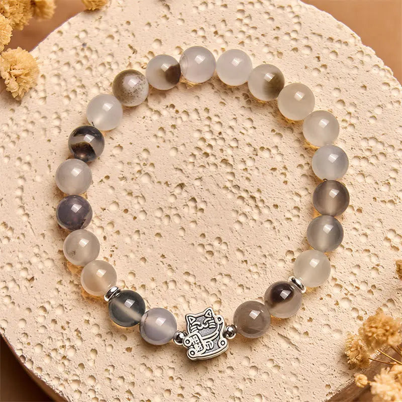 Fortune Jewel 925 Sterling Silver Calico Cat Natural Agate Stone Protection Bracelet Fortune Jewel