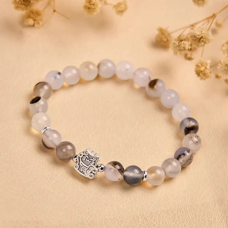 Fortune Jewel 925 Sterling Silver Calico Cat Natural Agate Stone Protection Bracelet Fortune Jewel