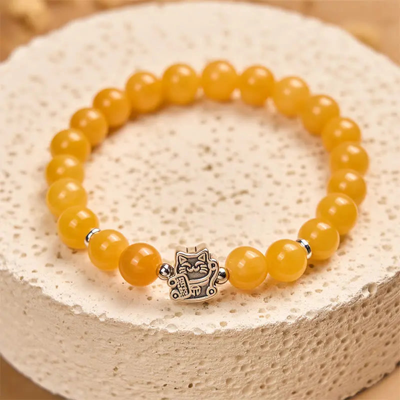 Fortune Jewel 925 Sterling Silver Orange Tabby Cat Yellow Chalcedony Positivity Bracelet Fortune Jewel