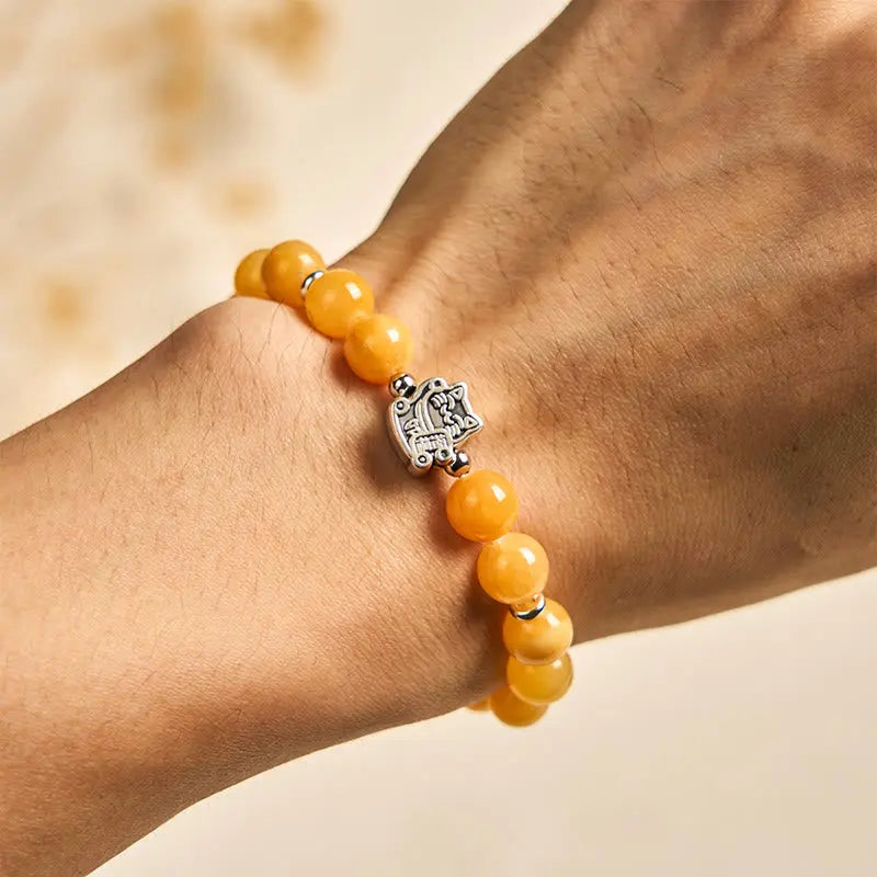 Fortune Jewel 925 Sterling Silver Orange Tabby Cat Yellow Chalcedony Positivity Bracelet Fortune Jewel