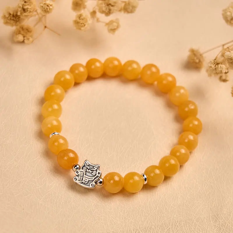 Fortune Jewel 925 Sterling Silver Orange Tabby Cat Yellow Chalcedony Positivity Bracelet Fortune Jewel