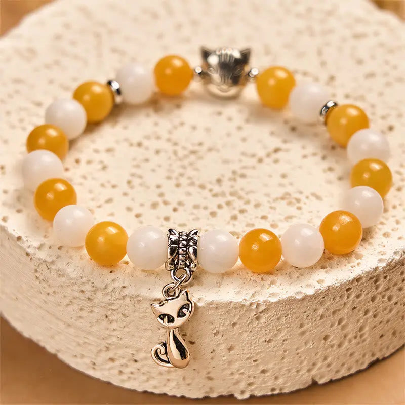 Fortune Jewel Orange White Tabby Cat Yellow Chalcedony White Chalcedony Peace Bracelet Fortune Jewel