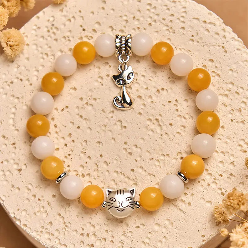 Fortune Jewel Orange White Tabby Cat Yellow Chalcedony White Chalcedony Peace Bracelet Fortune Jewel
