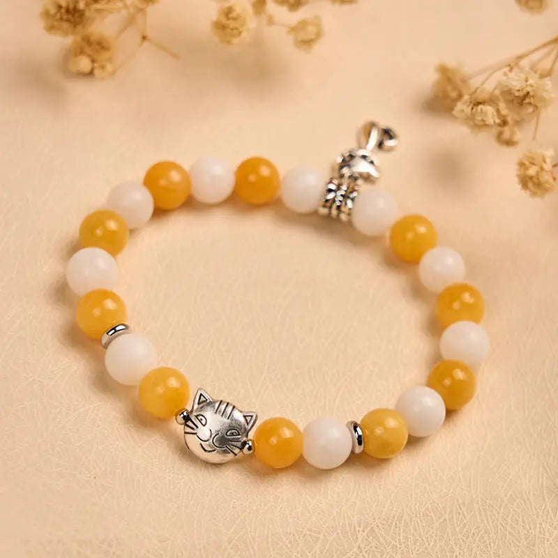Fortune Jewel Orange White Tabby Cat Yellow Chalcedony White Chalcedony Peace Bracelet Fortune Jewel