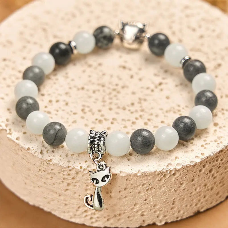 Fortune Jewel Grey Tabby Cat Natural Black Veined Jasper White Chalcedony Stability Bracelet Fortune Jewel