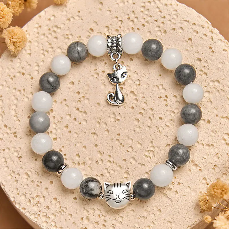 Fortune Jewel Grey Tabby Cat Natural Black Veined Jasper White Chalcedony Stability Bracelet Fortune Jewel