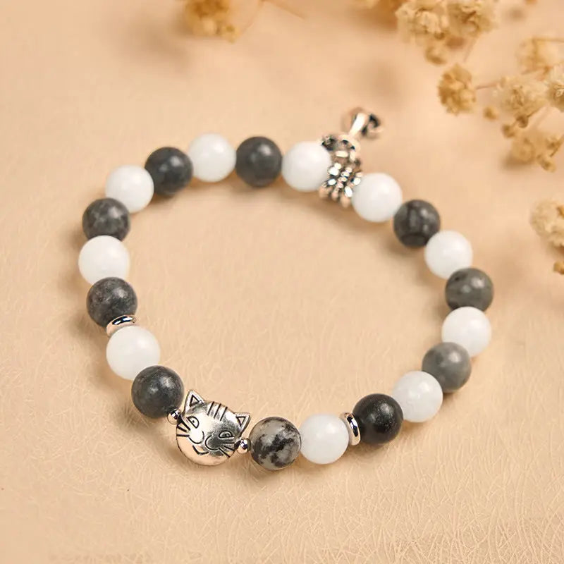 Fortune Jewel Grey Tabby Cat Natural Black Veined Jasper White Chalcedony Stability Bracelet Fortune Jewel