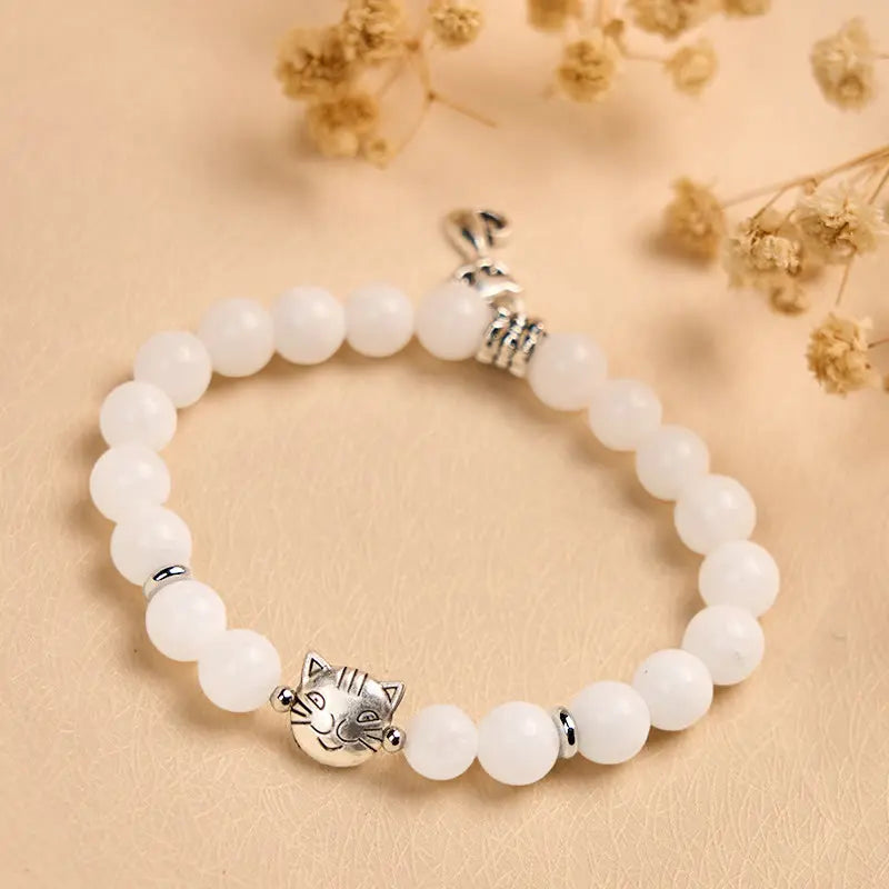 Fortune Jewel White Cat Natural White Chalcedony Bead Positive Bracelet Fortune Jewel