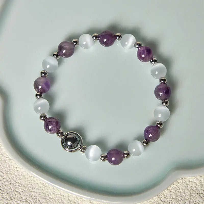 Fortune Jewel Natural Amethyst White Cat's Eye Beads Balance Bracelet Fortune Jewel