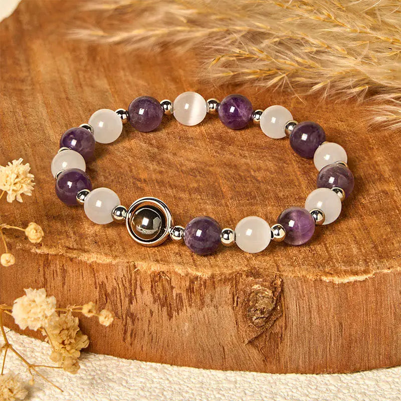 Fortune Jewel Natural Amethyst White Cat's Eye Beads Balance Bracelet Fortune Jewel