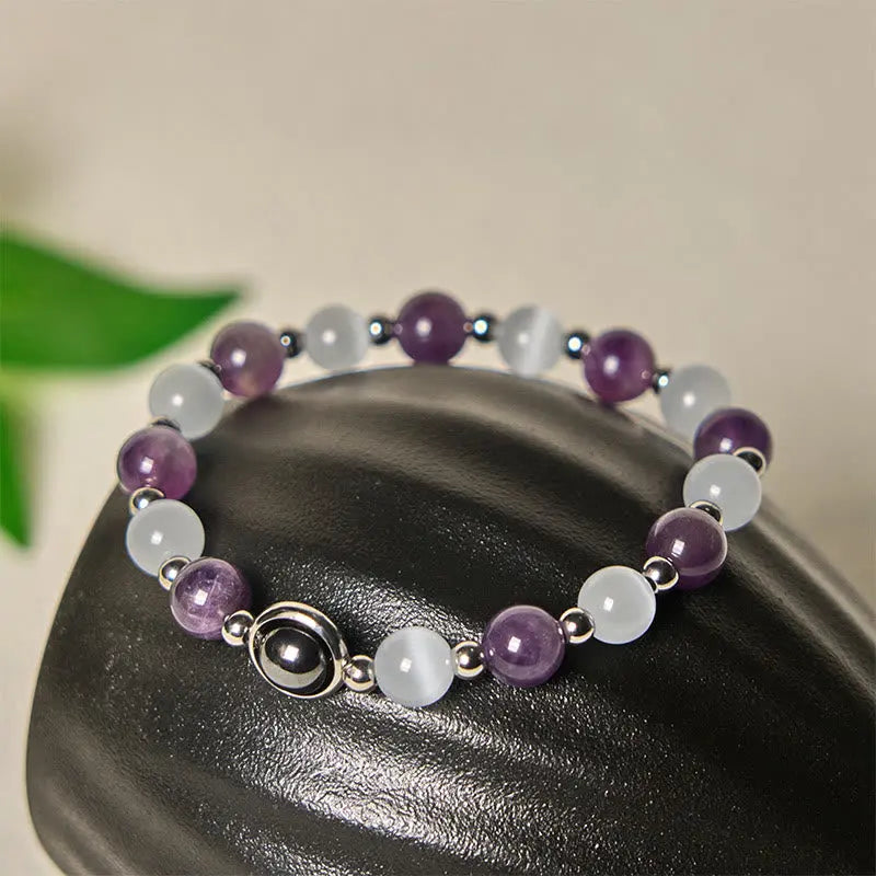 Fortune Jewel Natural Amethyst White Cat's Eye Beads Balance Bracelet Fortune Jewel
