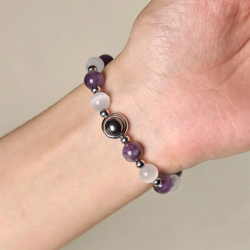 Fortune Jewel Natural Amethyst White Cat's Eye Beads Balance Bracelet Fortune Jewel