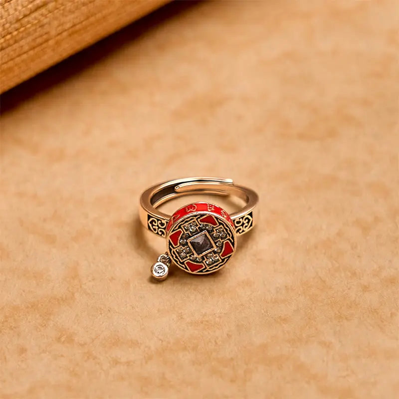 Fortune Jewel Om Mani Padme Hum Copper Prayer Wheel Rotatable Wealth Ring Fortune Jewel