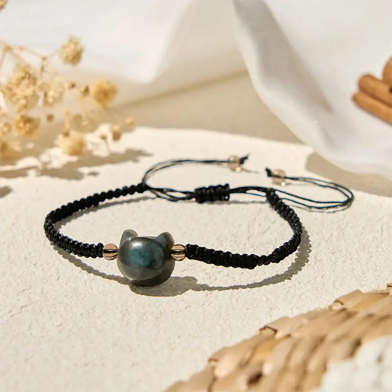 Fortune Jewel Natural Labradorite Cute Cat Head Black Rope Healing Bracelet Fortune Jewel