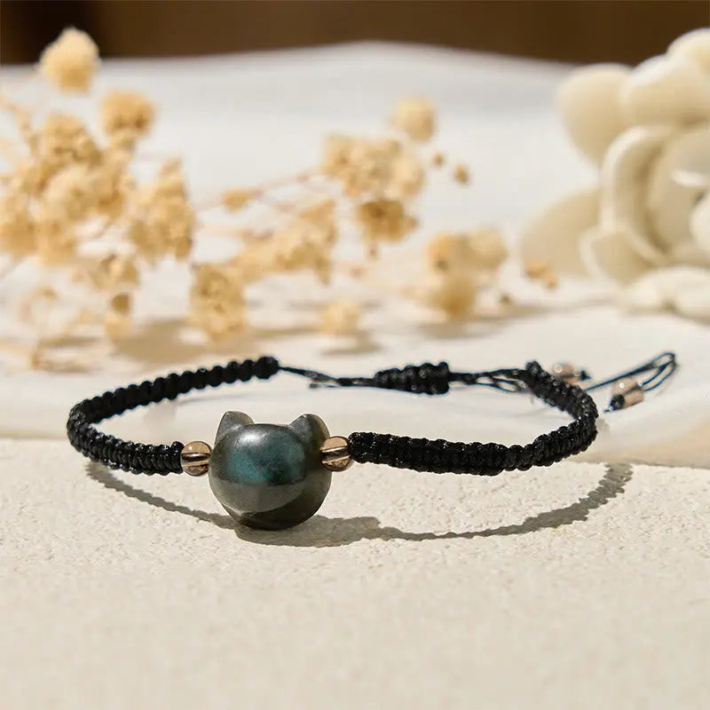 Fortune Jewel Natural Labradorite Cute Cat Head Black Rope Healing Bracelet Fortune Jewel