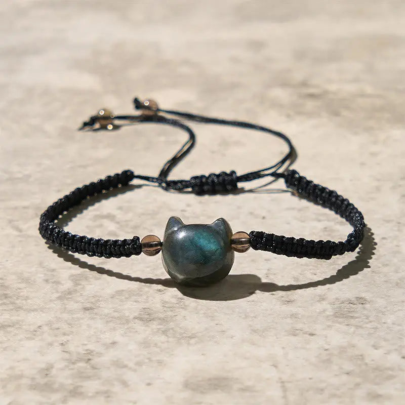 Fortune Jewel Natural Labradorite Cute Cat Head Black Rope Healing Bracelet Fortune Jewel