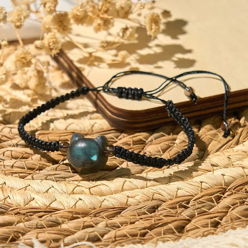 Fortune Jewel Natural Labradorite Cute Cat Head Black Rope Healing Bracelet Fortune Jewel