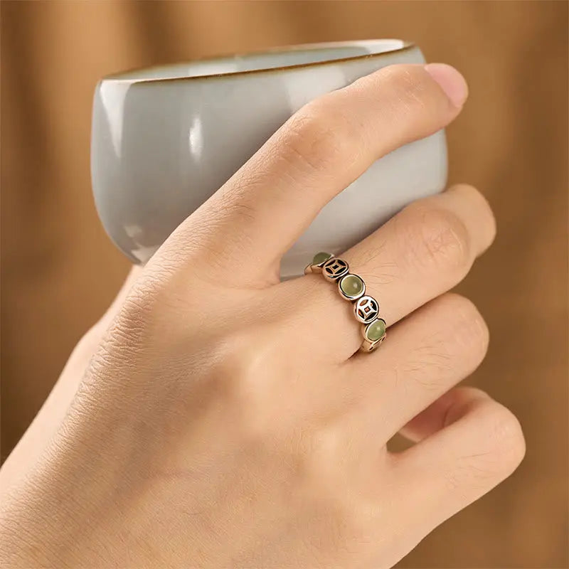 Fortune Jewel Jade South Red Agate Copper Coin Prosperity Luck Open Ring Fortune Jewel