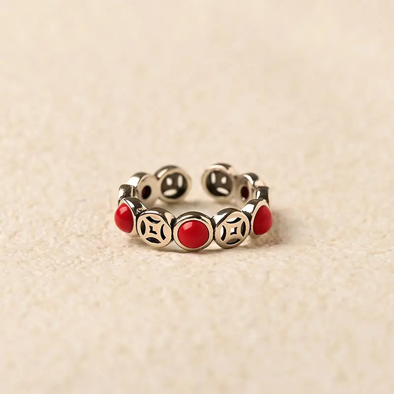 Fortune Jewel Jade South Red Agate Copper Coin Prosperity Luck Open Ring Fortune Jewel