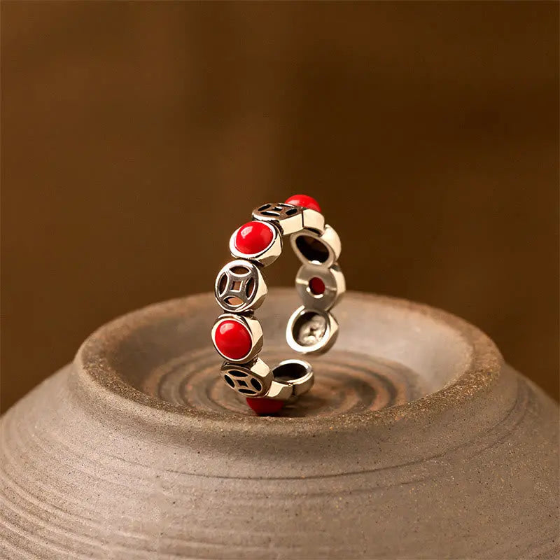 Fortune Jewel Jade South Red Agate Copper Coin Prosperity Luck Open Ring Fortune Jewel