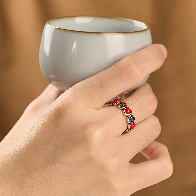 Fortune Jewel Jade South Red Agate Copper Coin Prosperity Luck Open Ring Fortune Jewel