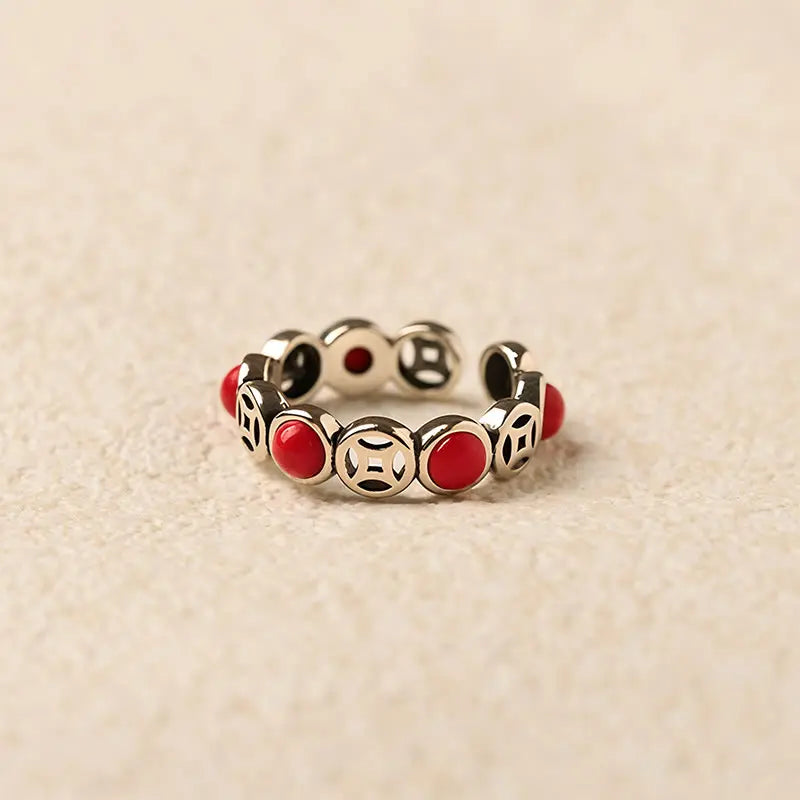 Fortune Jewel Jade South Red Agate Copper Coin Prosperity Luck Open Ring Fortune Jewel