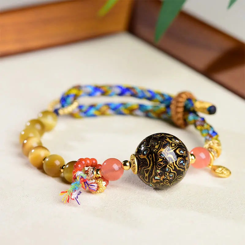 Fortune Jewel Tibetan  Lacquer Bead Hand-woven Tiger Eye Stone Protection Bracelet Fortune Jewel