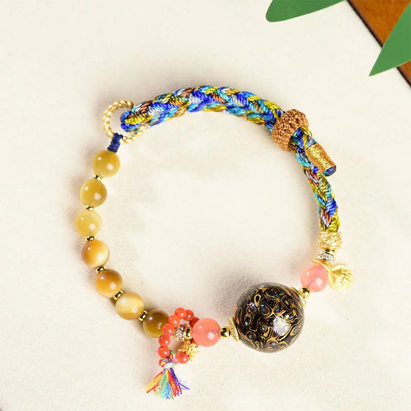 Fortune Jewel Tibetan  Lacquer Bead Hand-woven Tiger Eye Stone Protection Bracelet Fortune Jewel