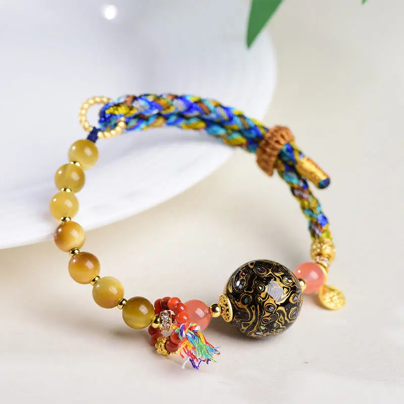 Fortune Jewel Tibetan  Lacquer Bead Hand-woven Tiger Eye Stone Protection Bracelet Fortune Jewel
