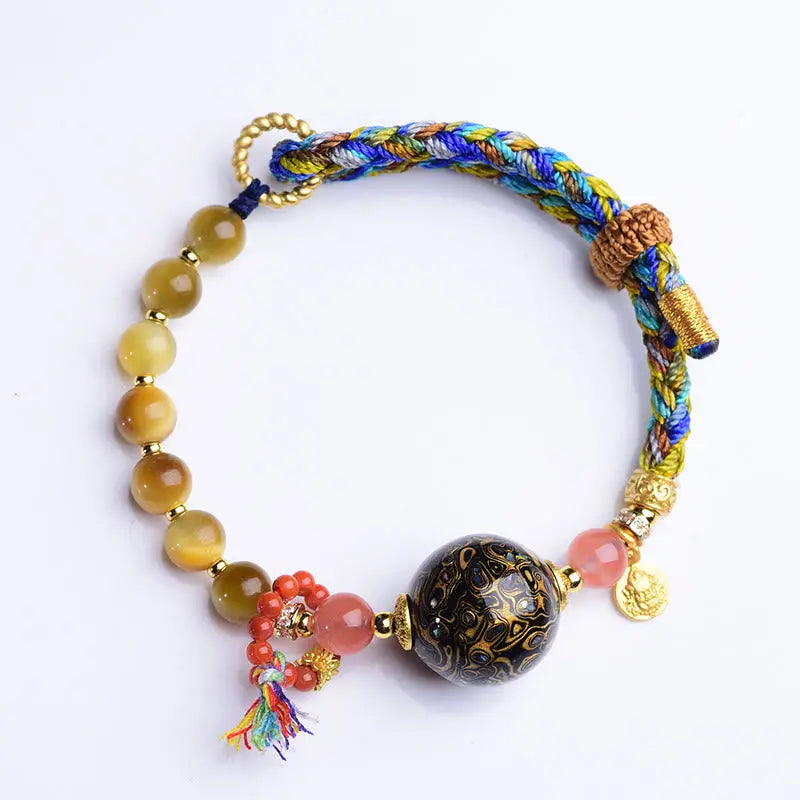 Fortune Jewel Tibetan  Lacquer Bead Hand-woven Tiger Eye Stone Protection Bracelet Fortune Jewel