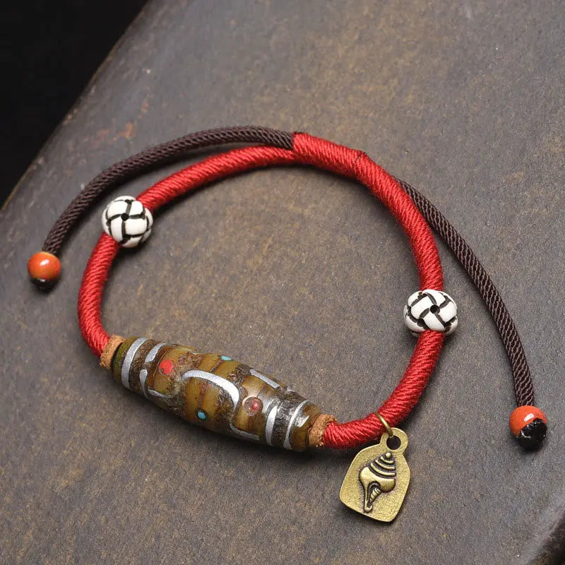 Fortune Jewel Handcrafted Tibetan Nine-eye Dzi Bead Protection Rope Bracelet Fortune Jewel