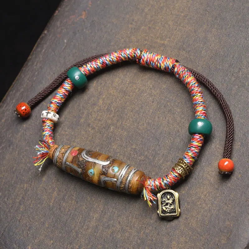 Fortune Jewel Handcrafted Tibetan Nine-eye Dzi Bead Protection Rope Bracelet Fortune Jewel