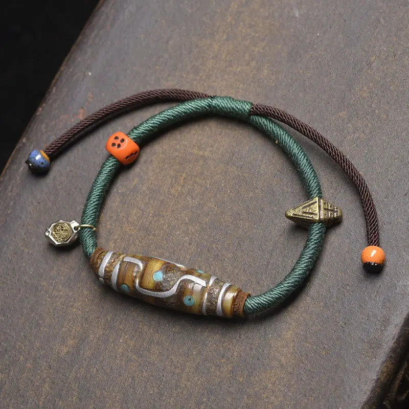 Fortune Jewel Handcrafted Tibetan Nine-eye Dzi Bead Protection Rope Bracelet Fortune Jewel