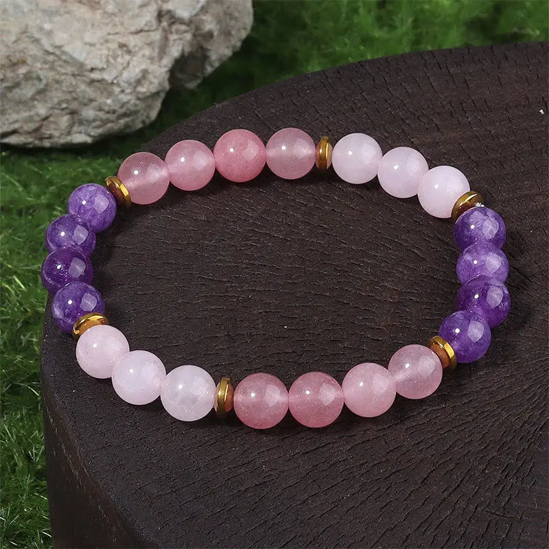 Fortune Jewel Amethyst Strawberry Quartz Pink Crystal Beads Love Peace Bracelet Fortune Jewel