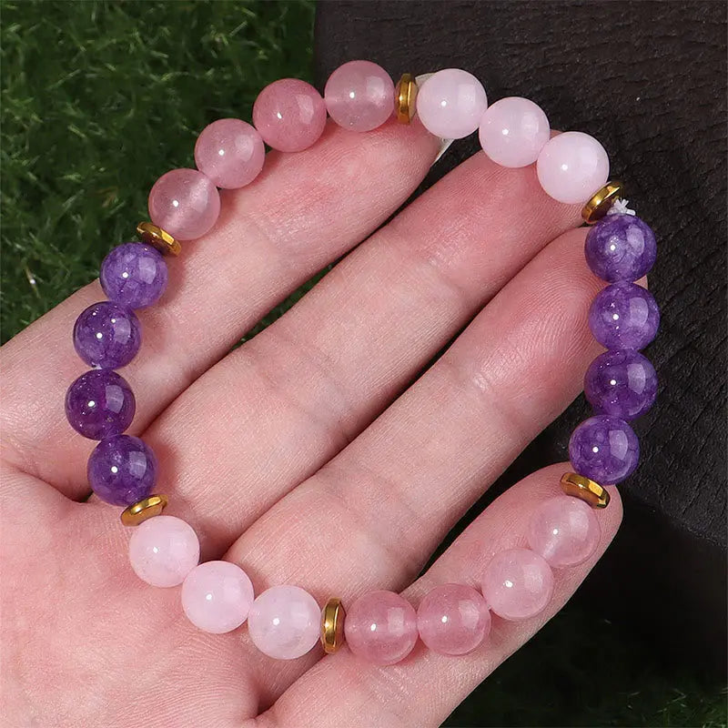 Fortune Jewel Amethyst Strawberry Quartz Pink Crystal Beads Love Peace Bracelet Fortune Jewel