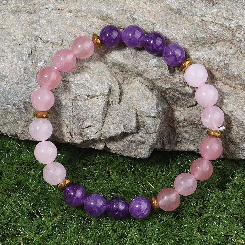 Fortune Jewel Amethyst Strawberry Quartz Pink Crystal Beads Love Peace Bracelet Fortune Jewel