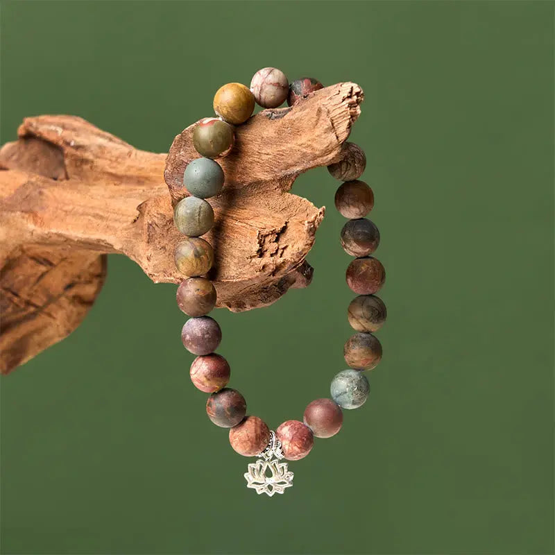 Fortune Jewel 925 Sterling Silver Lotus Design Picasso Jasper Positive Bracelet Fortune Jewel