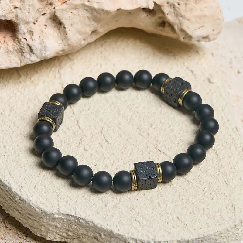 Fortune Jewel Natural Frosted Black Onyx Square Lava Rock Fortune Bracelet Fortune Jewel