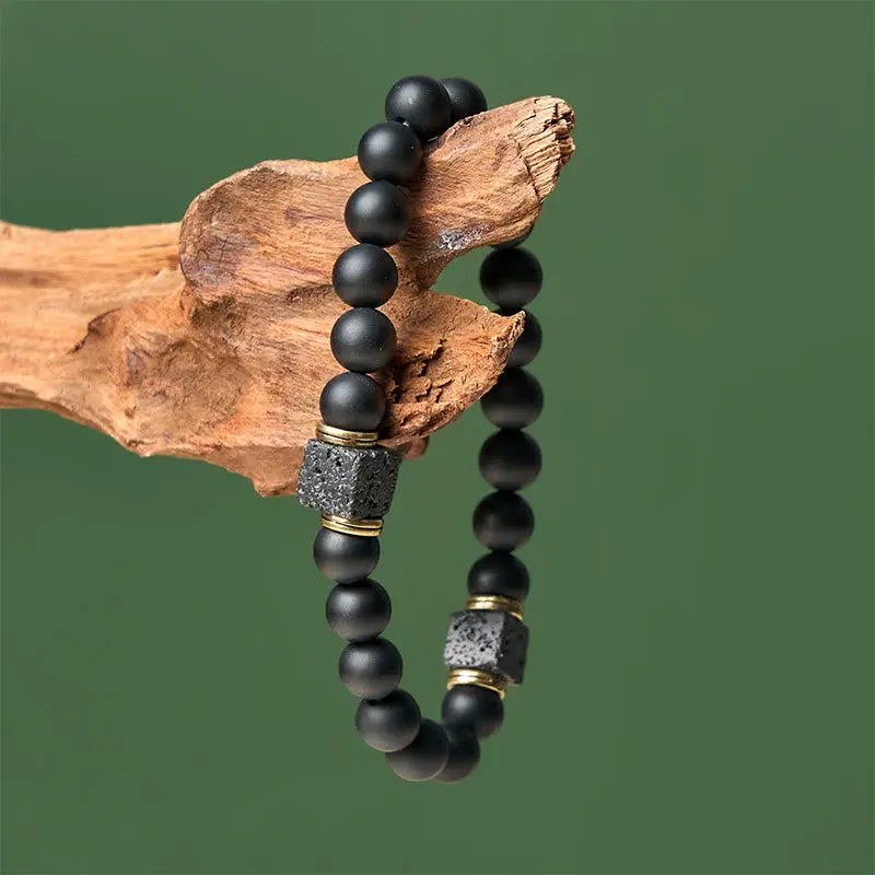 Fortune Jewel Natural Frosted Black Onyx Square Lava Rock Fortune Bracelet Fortune Jewel