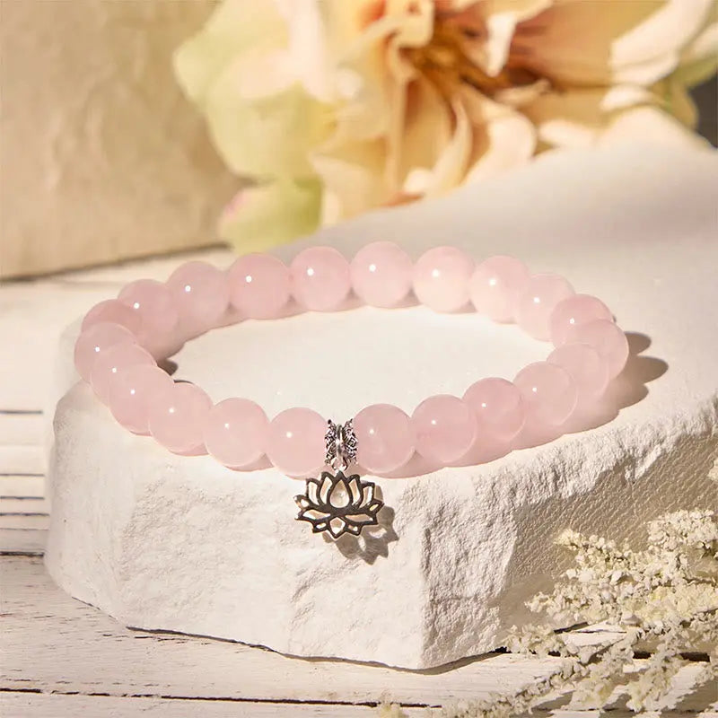 Fortune Jewel 925 Sterling Silver Lotus Design Natural Pink Crystal Soothing Bracelet Fortune Jewel