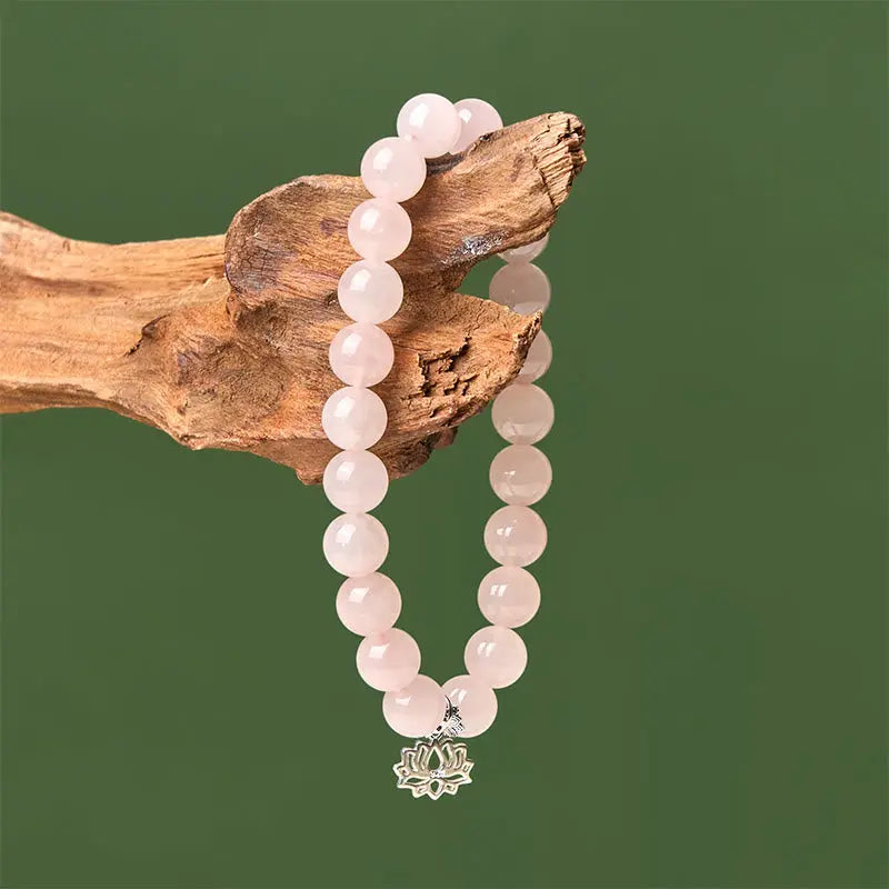 Fortune Jewel 925 Sterling Silver Lotus Design Natural Pink Crystal Soothing Bracelet Fortune Jewel
