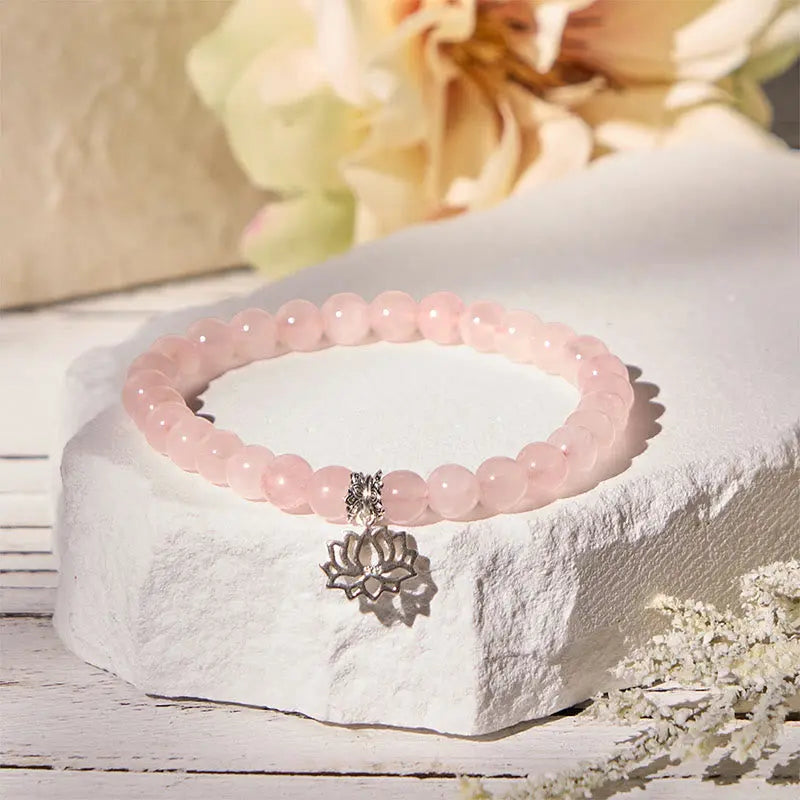 Fortune Jewel 925 Sterling Silver Lotus Design Natural Pink Crystal Soothing Bracelet Fortune Jewel