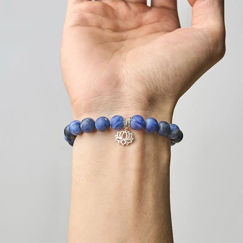 Fortune Jewel 925 Sterling Silver Lotus Design Natural Sodalite Positive Beads Harmony Bracelet Fortune Jewel