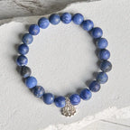 Fortune Jewel 925 Sterling Silver Lotus Design Natural Sodalite Positive Beads Harmony Bracelet Fortune Jewel