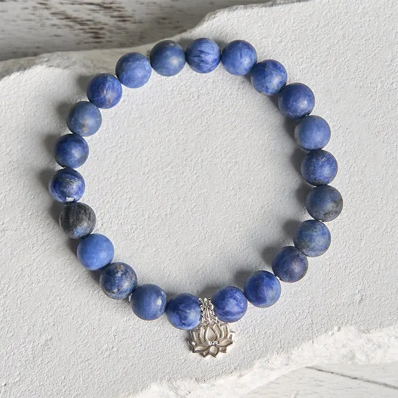Fortune Jewel 925 Sterling Silver Lotus Design Natural Sodalite Positive Beads Harmony Bracelet Fortune Jewel