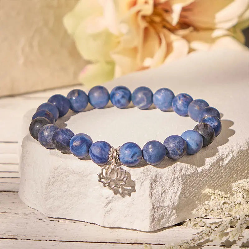 Fortune Jewel 925 Sterling Silver Lotus Design Natural Sodalite Positive Beads Harmony Bracelet Fortune Jewel