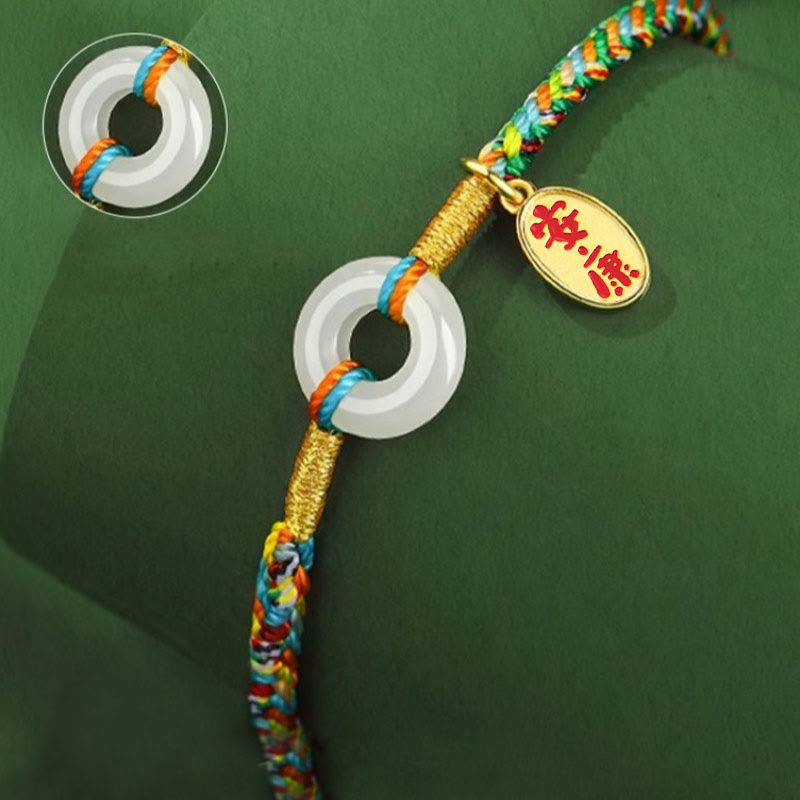 Fortune Jewel Handmade Peace Buckle Jade Prosperity 925 Sterling Silver Colorful Rope Bracelet - Fortune Jewel