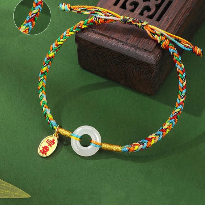 Fortune Jewel Handmade Peace Buckle Jade Prosperity 925 Sterling Silver Colorful Rope Bracelet - Fortune Jewel