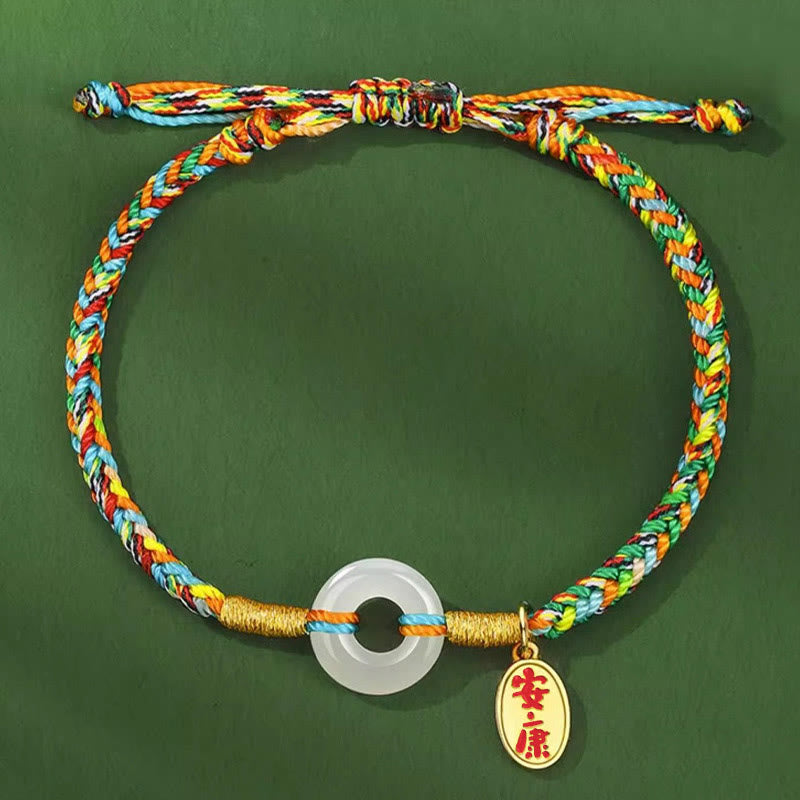 Fortune Jewel Handmade Peace Buckle Jade Prosperity 925 Sterling Silver Colorful Rope Bracelet - Fortune Jewel