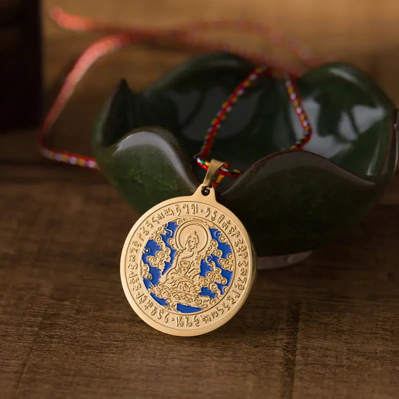Fortune Jewel Blue Medicine Buddha Heart Mantra Titanium Steel Faith Colored Rope Necklace Pendant Fortune Jewel